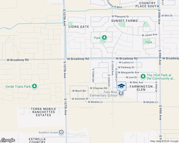 map of restaurants, bars, coffee shops, grocery stores, and more near 10505 West Broadway Road in Tolleson