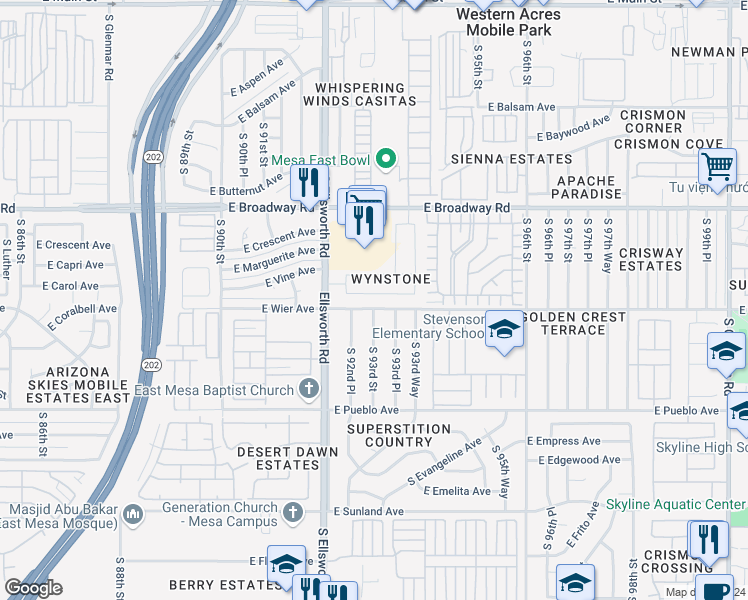 map of restaurants, bars, coffee shops, grocery stores, and more near 9251 East Carmel Avenue in Mesa