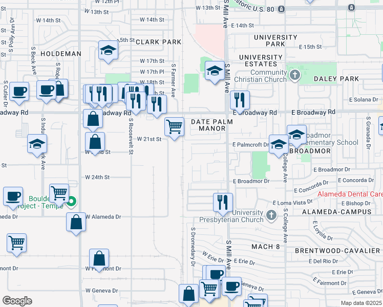map of restaurants, bars, coffee shops, grocery stores, and more near 2148 South Huesta Drive in Tempe
