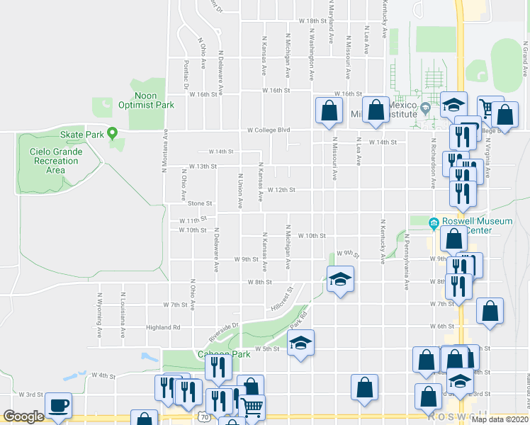 map of restaurants, bars, coffee shops, grocery stores, and more near 1099 North Kansas Avenue in Roswell