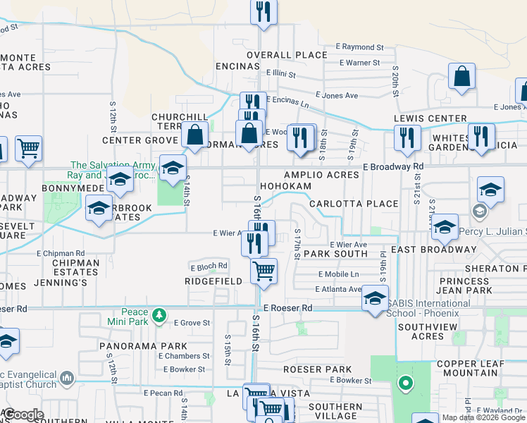 map of restaurants, bars, coffee shops, grocery stores, and more near 4607 South 16th Street in Phoenix