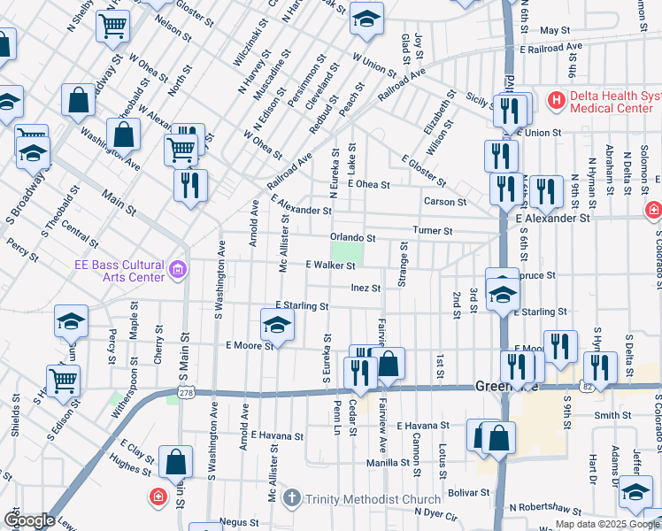 map of restaurants, bars, coffee shops, grocery stores, and more near 401 East Walker Street in Greenville