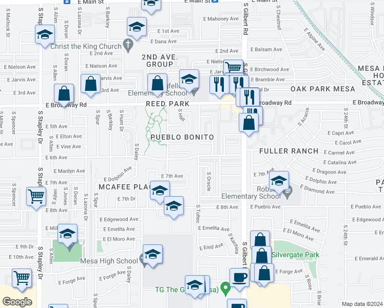map of restaurants, bars, coffee shops, grocery stores, and more near 1768 East 6th Avenue in Mesa