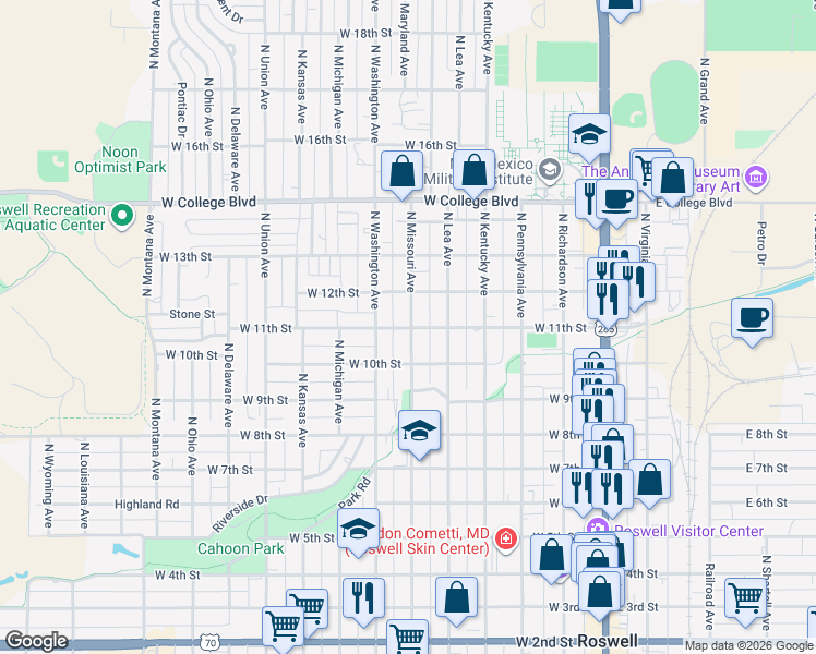 map of restaurants, bars, coffee shops, grocery stores, and more near 609 West 11th Street in Roswell