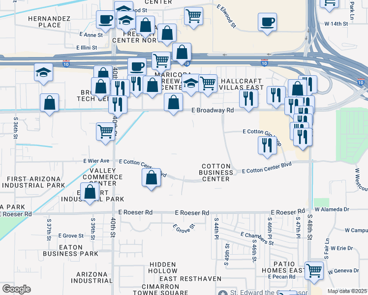 map of restaurants, bars, coffee shops, grocery stores, and more near 4350 East Cotton Center Boulevard in Phoenix