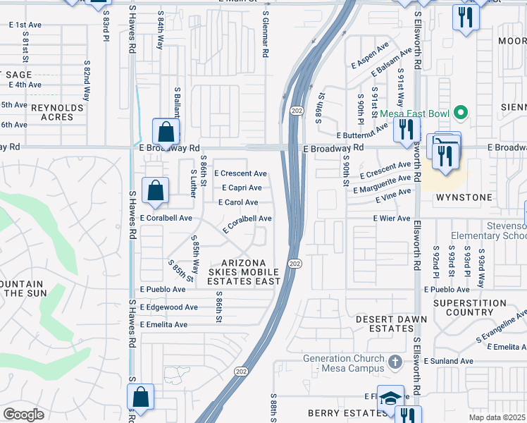 map of restaurants, bars, coffee shops, grocery stores, and more near 8751 East Carol Avenue in Mesa