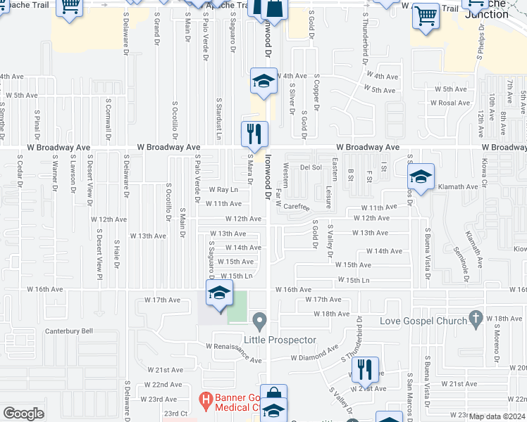 map of restaurants, bars, coffee shops, grocery stores, and more near 1162 South Ironwood Drive in Apache Junction