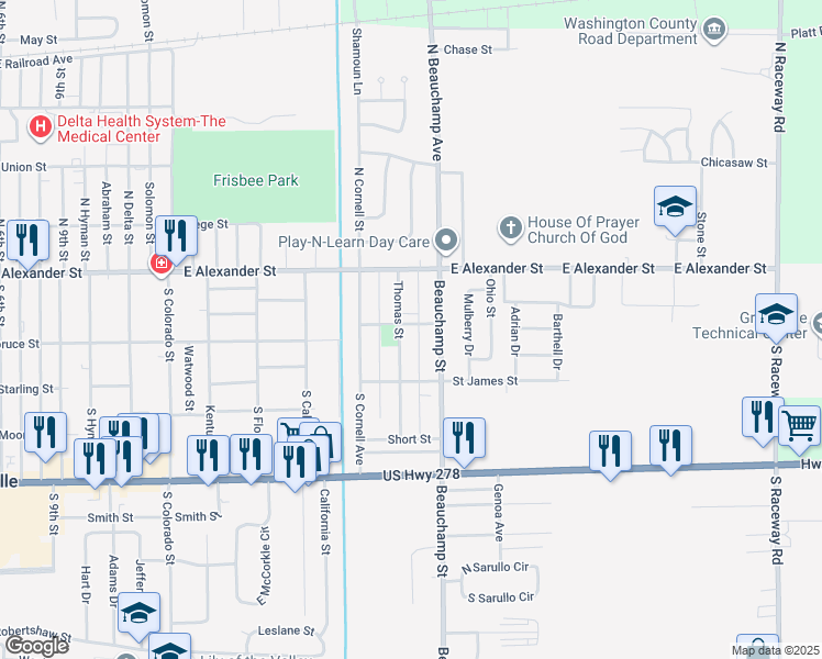 map of restaurants, bars, coffee shops, grocery stores, and more near 247-255 Thomas Street in Greenville