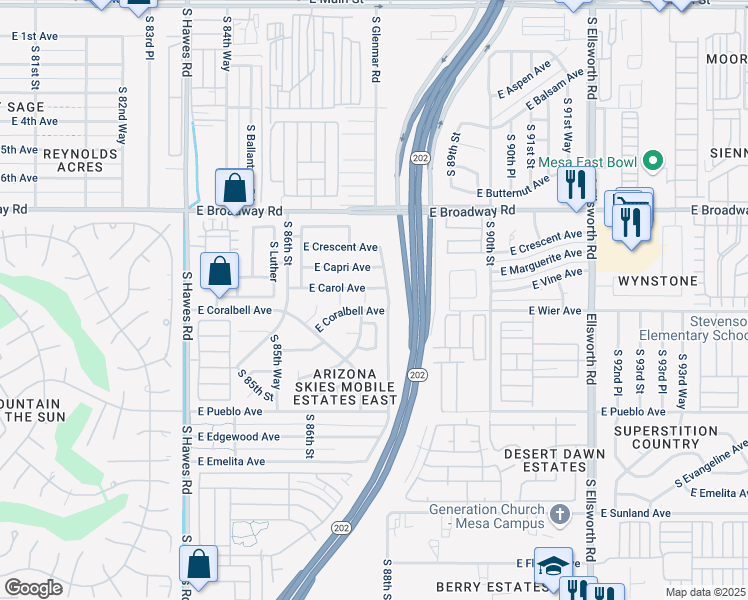map of restaurants, bars, coffee shops, grocery stores, and more near 8751 East Carol Avenue in Mesa