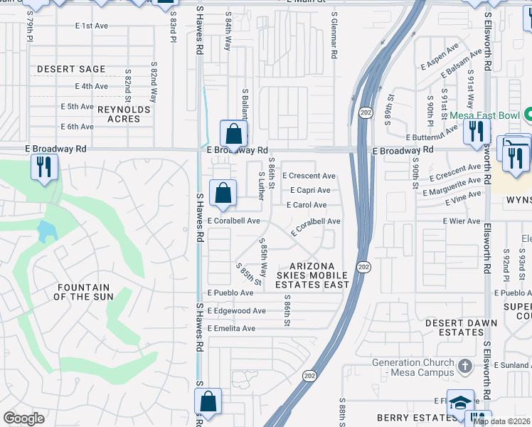 map of restaurants, bars, coffee shops, grocery stores, and more near 8554 East Clovis Avenue in Mesa