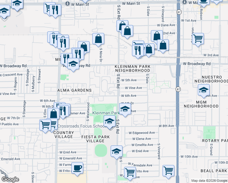 map of restaurants, bars, coffee shops, grocery stores, and more near 543 South Extension Road in Mesa