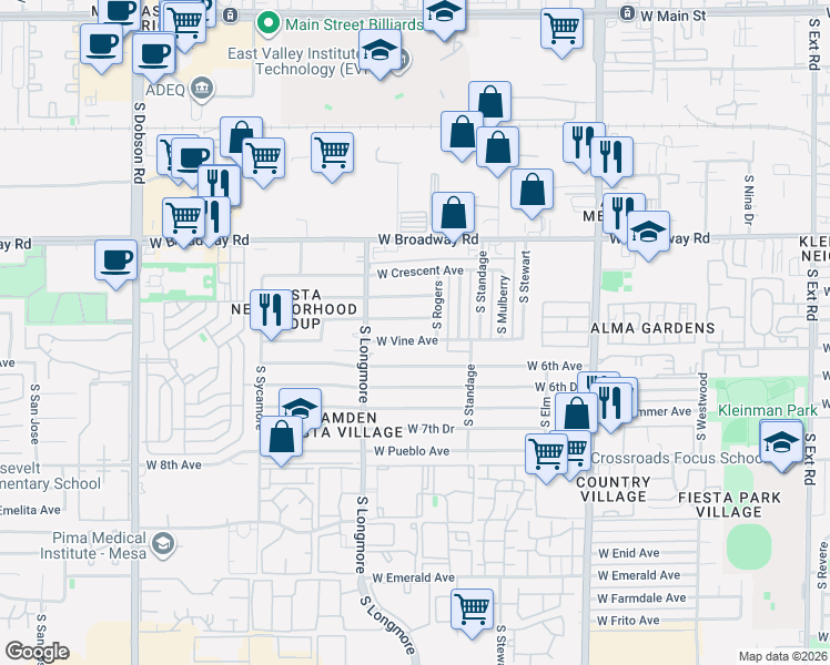 map of restaurants, bars, coffee shops, grocery stores, and more near 1517 West Carol Avenue in Mesa