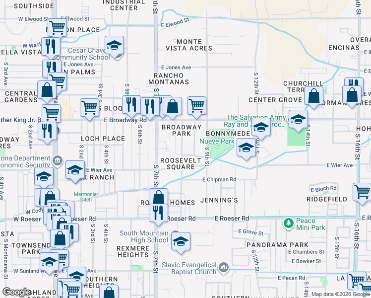map of restaurants, bars, coffee shops, grocery stores, and more near 4601 South 8th Street in Phoenix