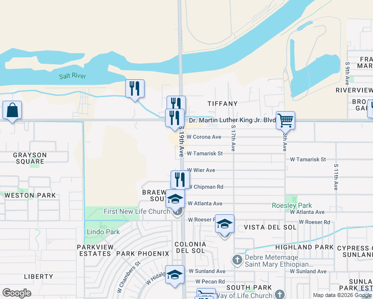map of restaurants, bars, coffee shops, grocery stores, and more near 1855 West Corona Avenue in Phoenix