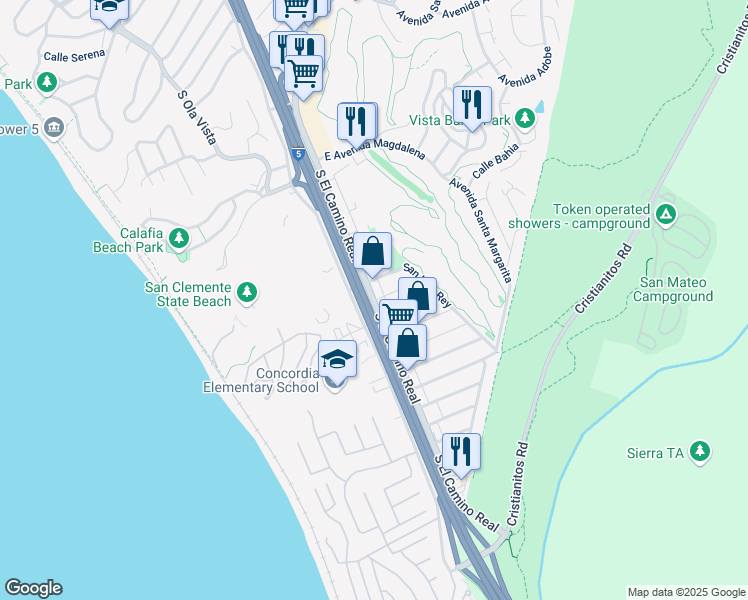 map of restaurants, bars, coffee shops, grocery stores, and more near 101 Avenida Santa Inez in San Clemente