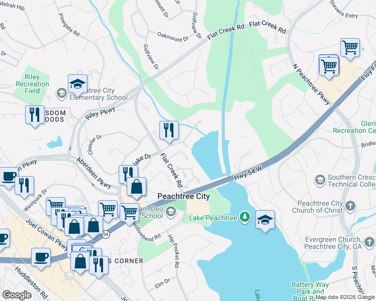 map of restaurants, bars, coffee shops, grocery stores, and more near 1 Northlake Circle in Peachtree City
