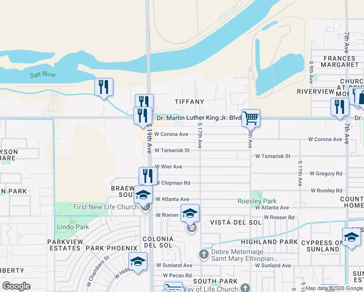 map of restaurants, bars, coffee shops, grocery stores, and more near 1737 West Corona Avenue in Phoenix