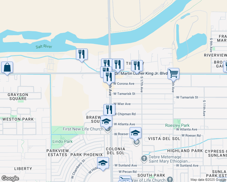 map of restaurants, bars, coffee shops, grocery stores, and more near 1855 West Corona Avenue in Phoenix