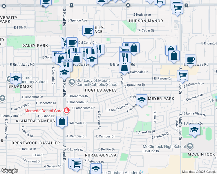 map of restaurants, bars, coffee shops, grocery stores, and more near 1207 East El Parque Drive in Tempe