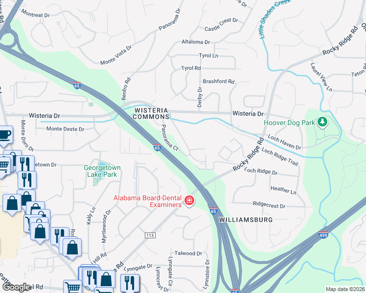 map of restaurants, bars, coffee shops, grocery stores, and more near 3232 Panorama Westbrook Drive in Birmingham