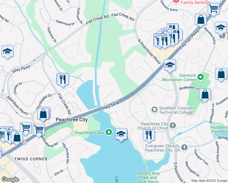 map of restaurants, bars, coffee shops, grocery stores, and more near 2443 Highway 54 West in Peachtree City