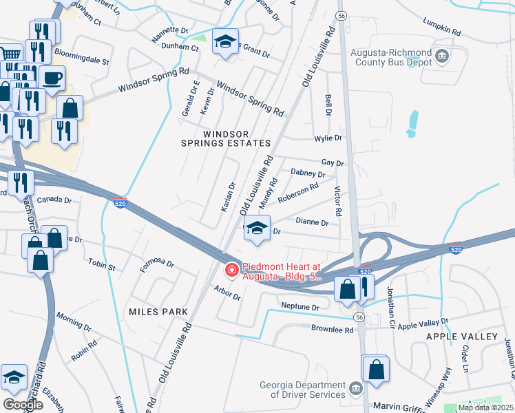 map of restaurants, bars, coffee shops, grocery stores, and more near 3327 Mundy Road in Augusta