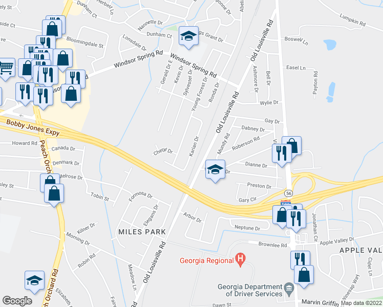map of restaurants, bars, coffee shops, grocery stores, and more near 3327 Karian Drive in Augusta