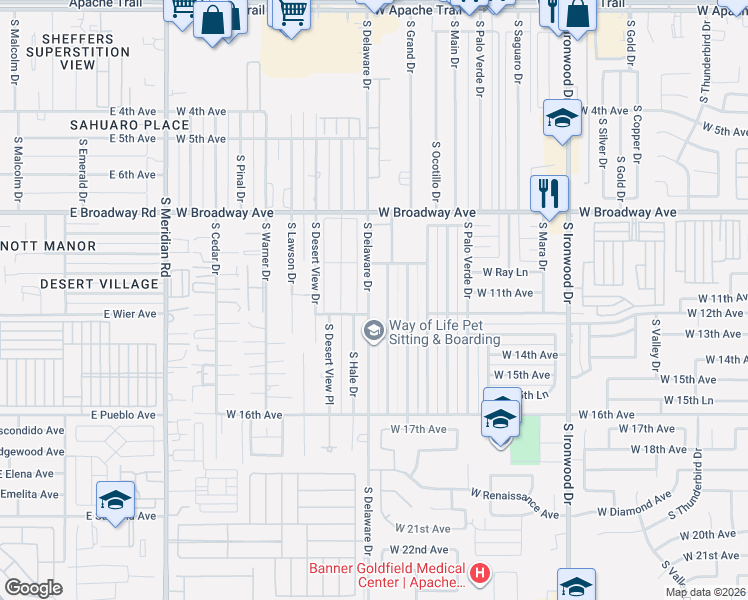map of restaurants, bars, coffee shops, grocery stores, and more near 1118 South Lawther Drive in Apache Junction