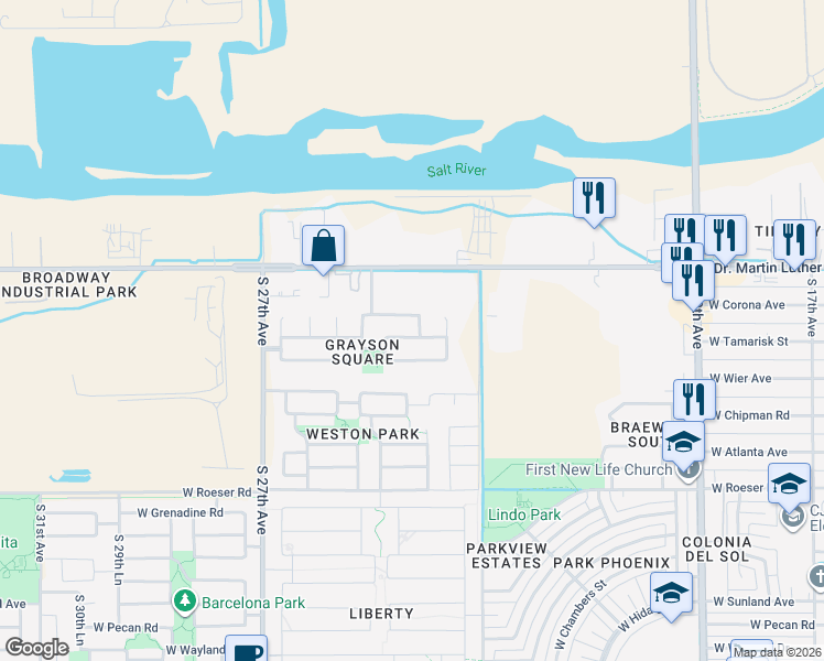 map of restaurants, bars, coffee shops, grocery stores, and more near 4523 South 24th Drive in Phoenix