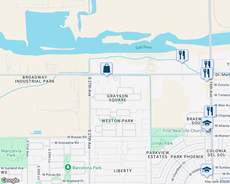 map of restaurants, bars, coffee shops, grocery stores, and more near 4519 South 25th Lane in Phoenix