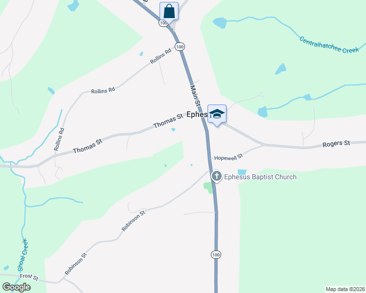 map of restaurants, bars, coffee shops, grocery stores, and more near 24391 Georgia 100 in Roopville