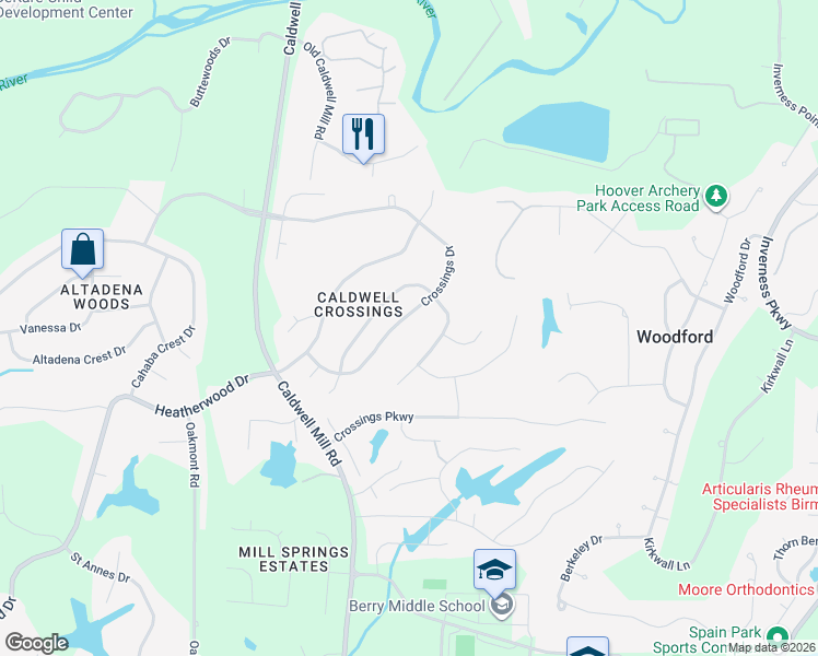 map of restaurants, bars, coffee shops, grocery stores, and more near 3176 Crossings Drive in Birmingham