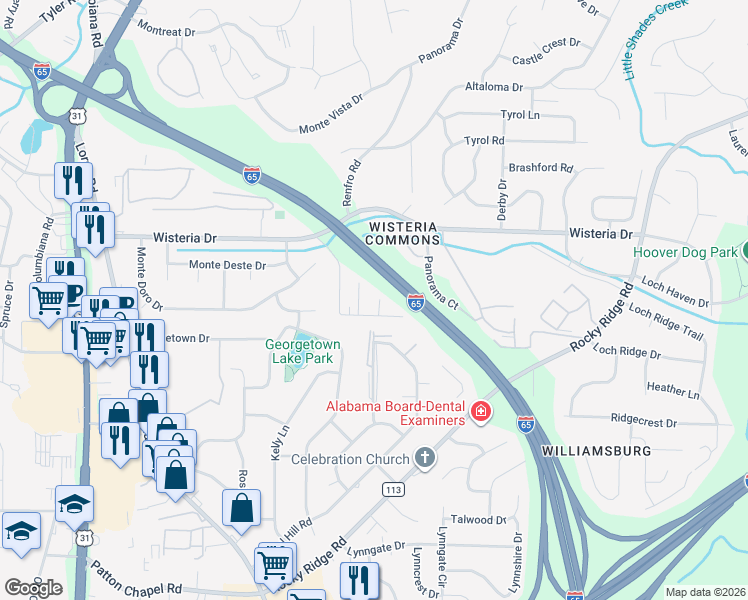 map of restaurants, bars, coffee shops, grocery stores, and more near 3406 Wisteria Drive in Vestavia Hills