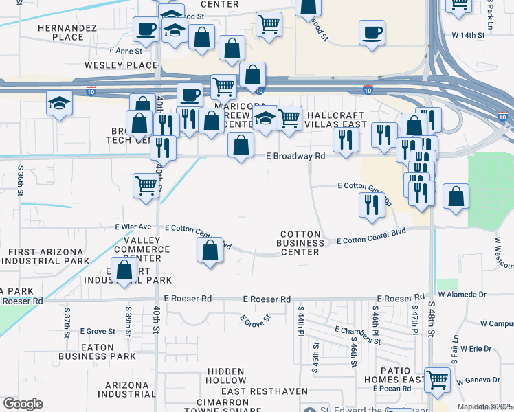 map of restaurants, bars, coffee shops, grocery stores, and more near 4350 East Cotton Center Boulevard in Phoenix