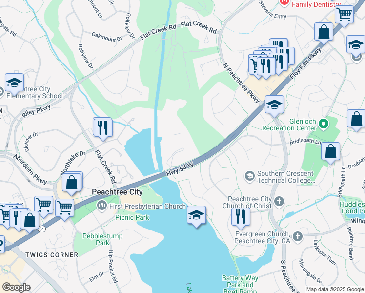 map of restaurants, bars, coffee shops, grocery stores, and more near 2443 Highway 54 West in Peachtree City
