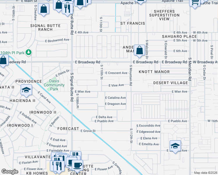 map of restaurants, bars, coffee shops, grocery stores, and more near 11028 East Vine Avenue in Mesa