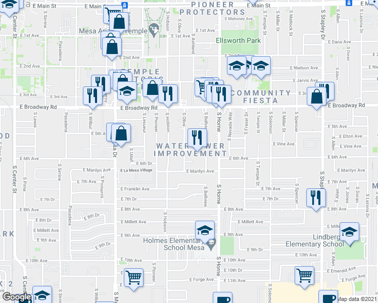 map of restaurants, bars, coffee shops, grocery stores, and more near 542 South Bellview in Mesa