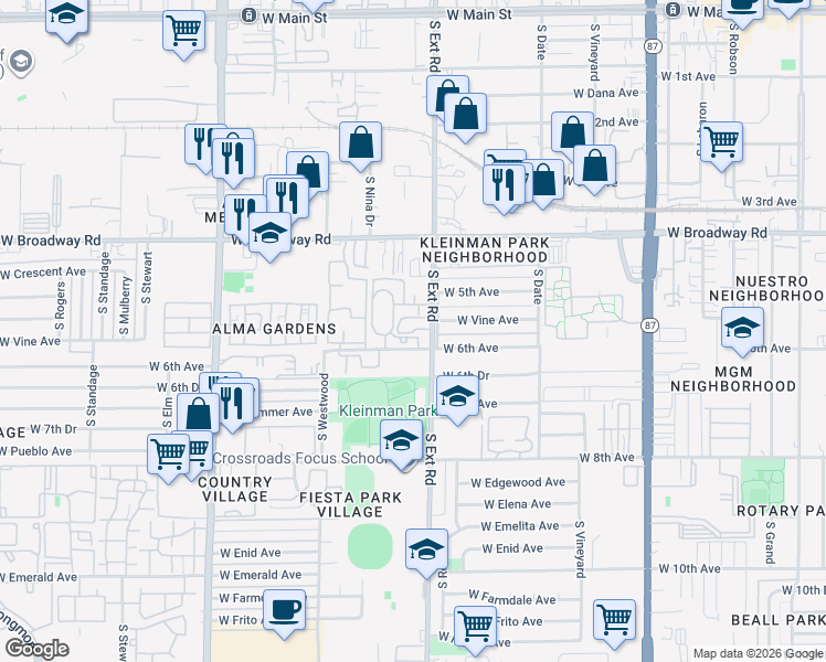 map of restaurants, bars, coffee shops, grocery stores, and more near 543 South Extension Road in Mesa