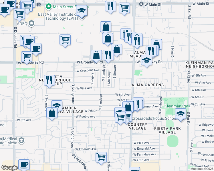 map of restaurants, bars, coffee shops, grocery stores, and more near 527 South Standage in Mesa
