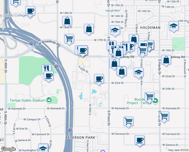 map of restaurants, bars, coffee shops, grocery stores, and more near 1540 - 1560 West Fountainhead Parkway in Tempe