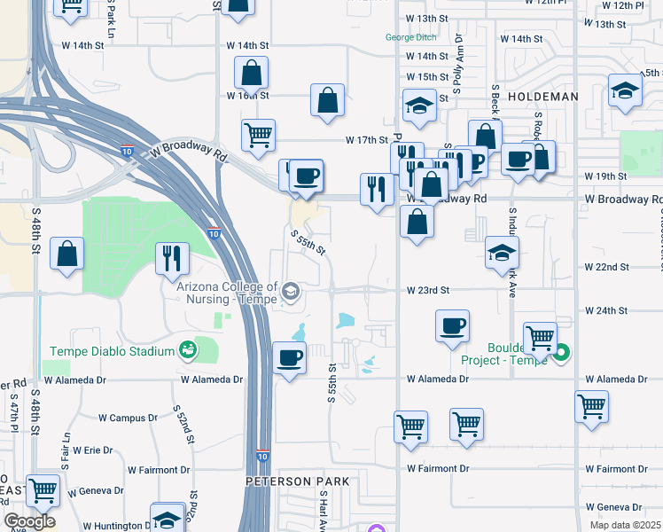 map of restaurants, bars, coffee shops, grocery stores, and more near 154 West Fiesta Drive in Tempe