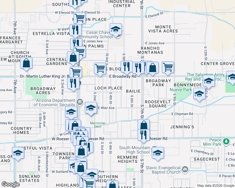 map of restaurants, bars, coffee shops, grocery stores, and more near 4444 South 5th Street in Phoenix