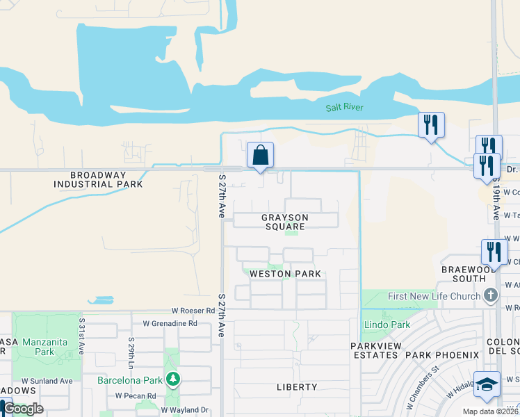 map of restaurants, bars, coffee shops, grocery stores, and more near 4521 South 26th Drive in Phoenix
