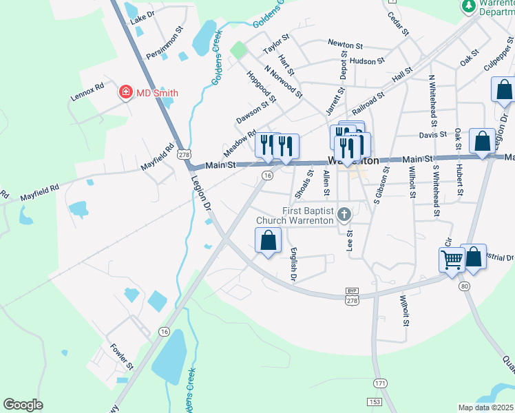 map of restaurants, bars, coffee shops, grocery stores, and more near 157 Macon Highway in Warrenton