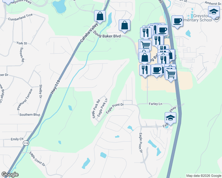 map of restaurants, bars, coffee shops, grocery stores, and more near 1235 Eagle Park Road in Birmingham