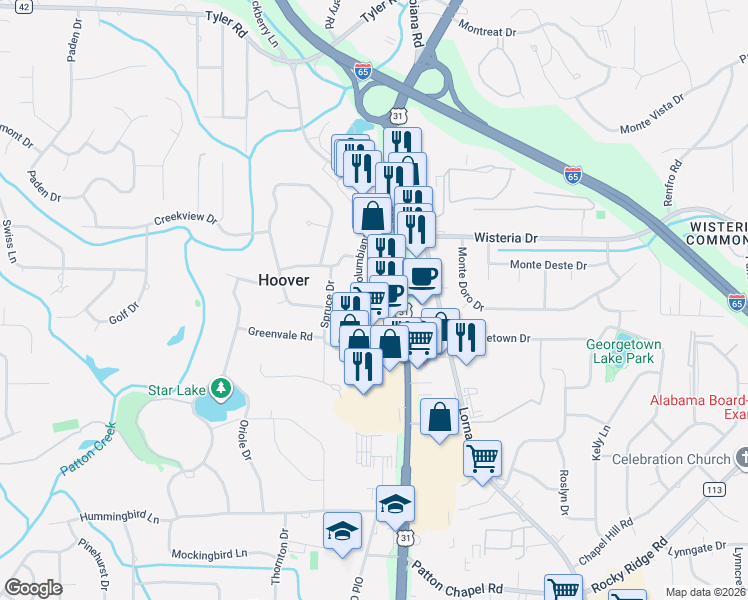 map of restaurants, bars, coffee shops, grocery stores, and more near 3159A Old Columbiana Road in Birmingham