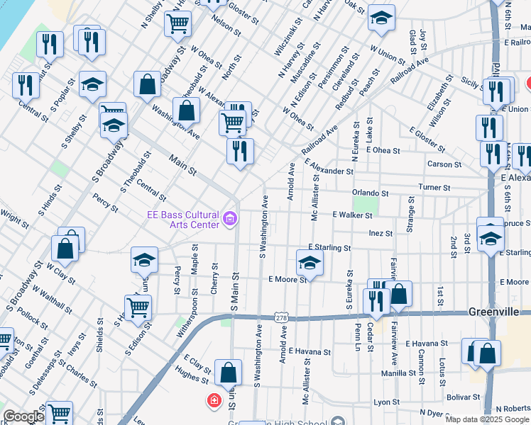 map of restaurants, bars, coffee shops, grocery stores, and more near 200-298 South Washington Avenue in Greenville