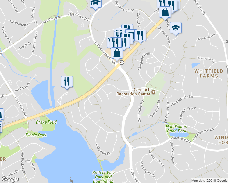 map of restaurants, bars, coffee shops, grocery stores, and more near 106 Pine Point in Peachtree City