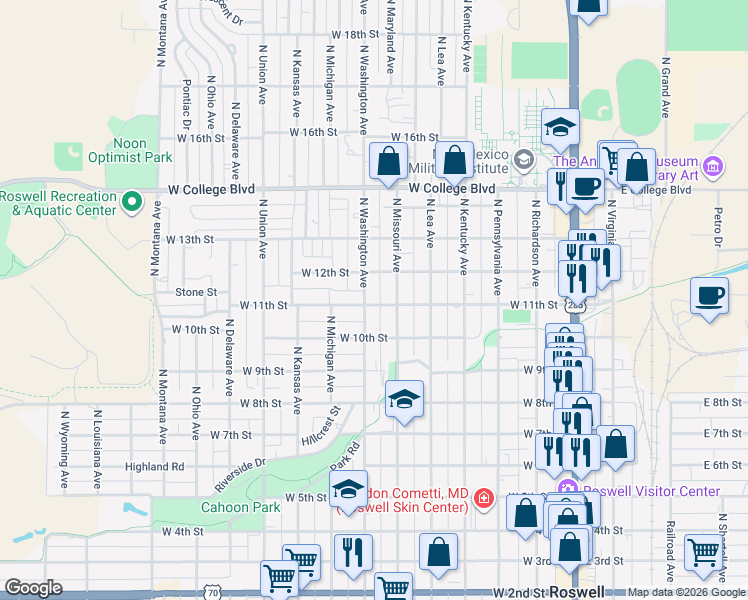 map of restaurants, bars, coffee shops, grocery stores, and more near 1106 North Washington Avenue in Roswell