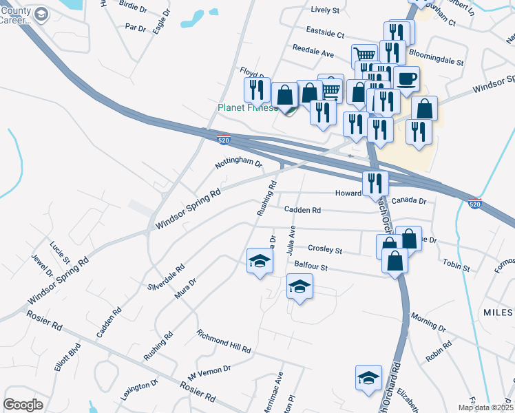 map of restaurants, bars, coffee shops, grocery stores, and more near 3301 Rushing Road in Augusta
